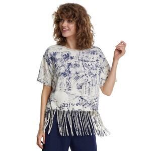 DESIGUAL NWT $95 Isla Tropical Print SS Fringed Blue Cream Top Size S (US XS)